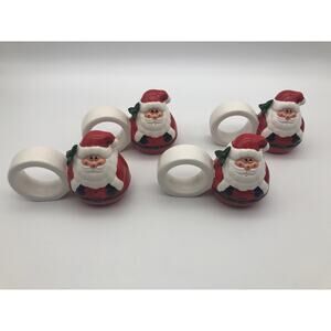 Vintage OCI Omnibus Christmas Santa Claus Napkin Rings Earthenware Set Of 4